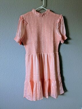 NWT INA Anthropologie  Peach/Pink  Ruffle Neck Smocked Swiss Shimmer Dress Sz. L